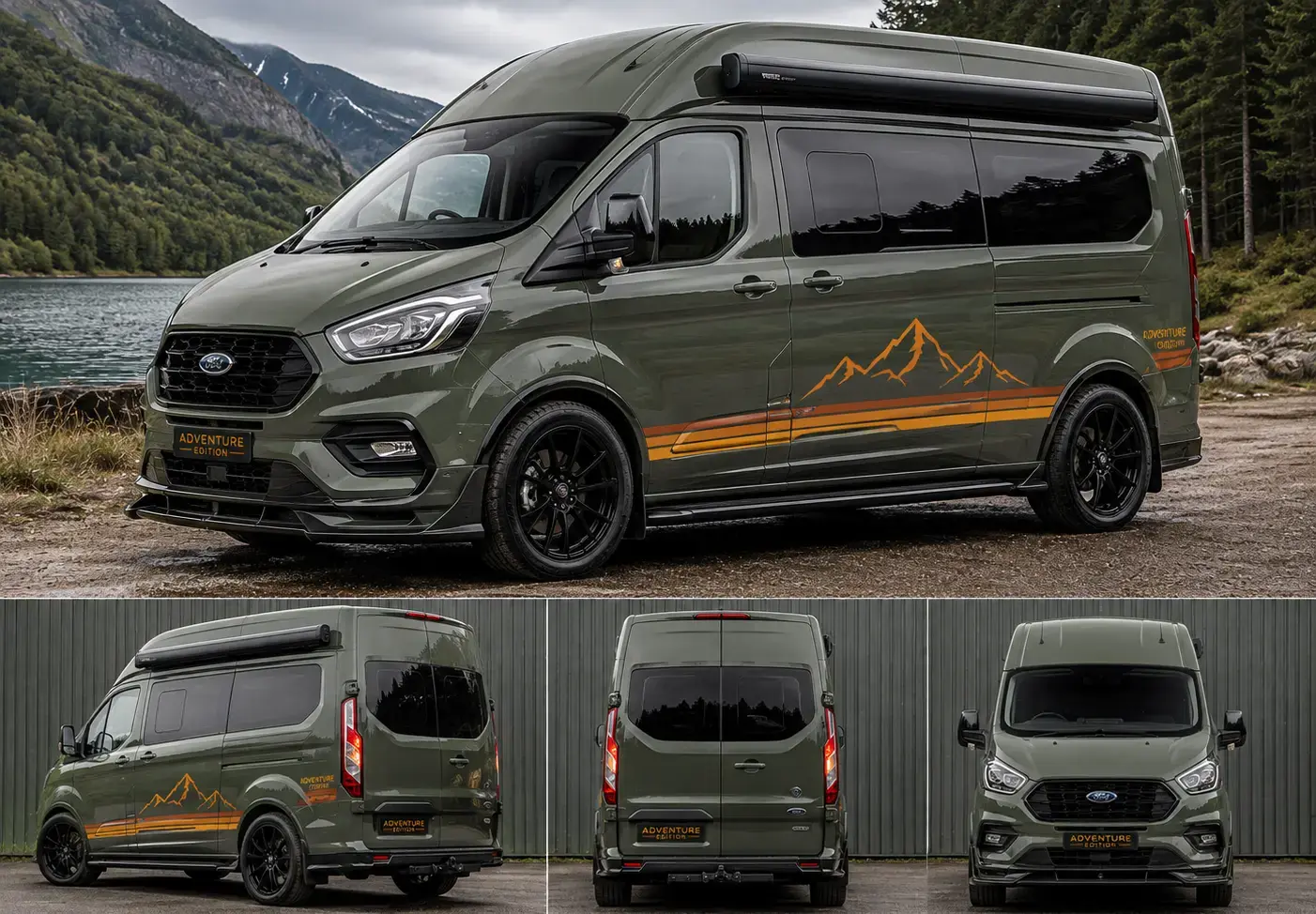 Bottle-green Ford Adventure Edition camper conversion shown from four exterior angles