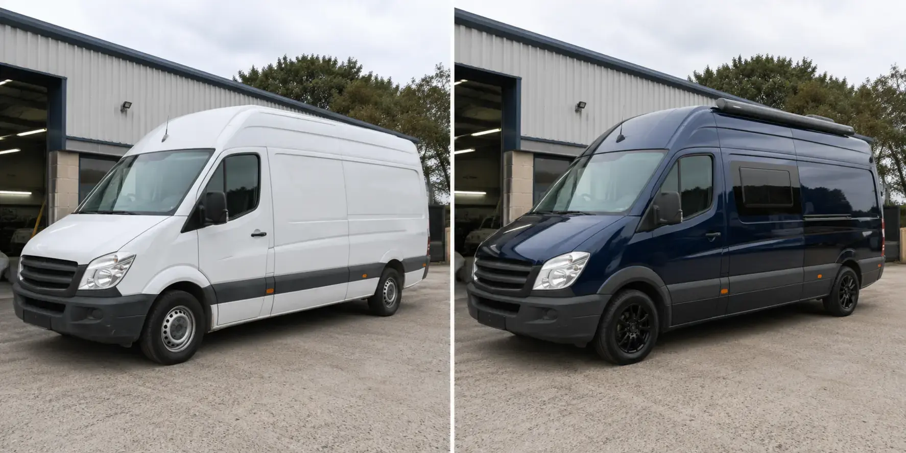 Commercial van shown before and after a complete professional transformation
