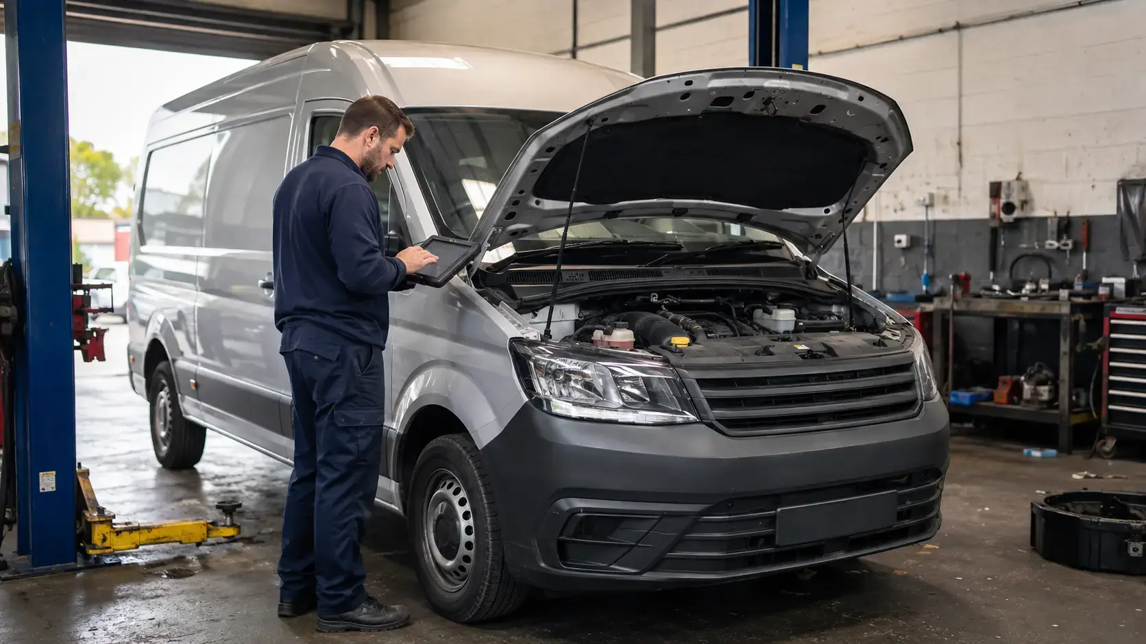 Van being inspected inside a professional workshop